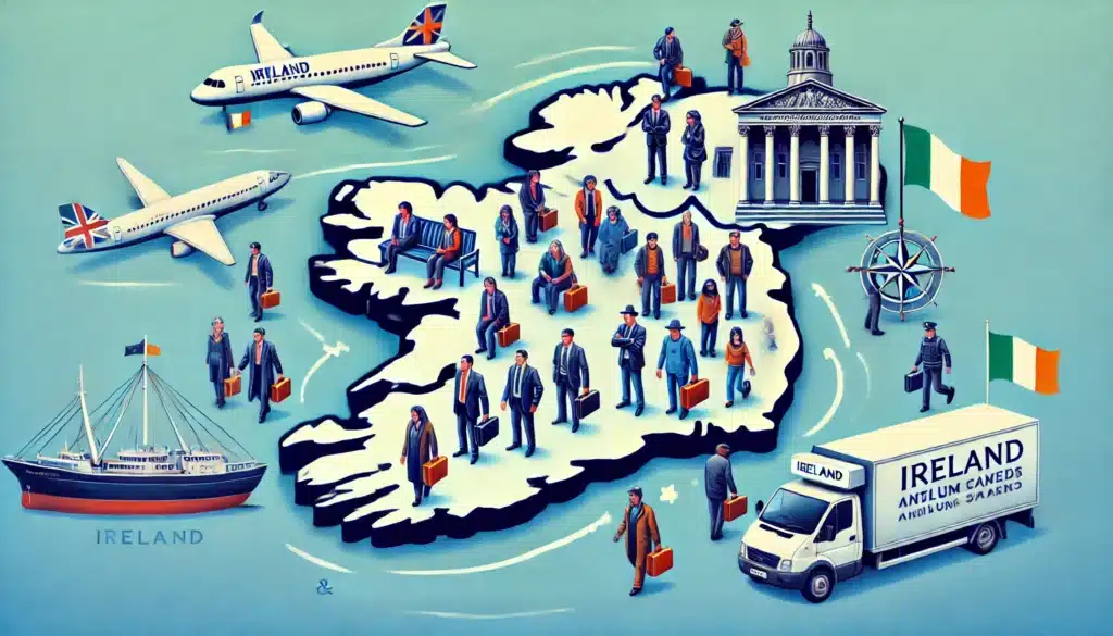 DALL·E 2024 07 19 12.27.12 An illustration of Ireland with various international people arriving representing migrants and asylum seekers impacting the job market. The image sh