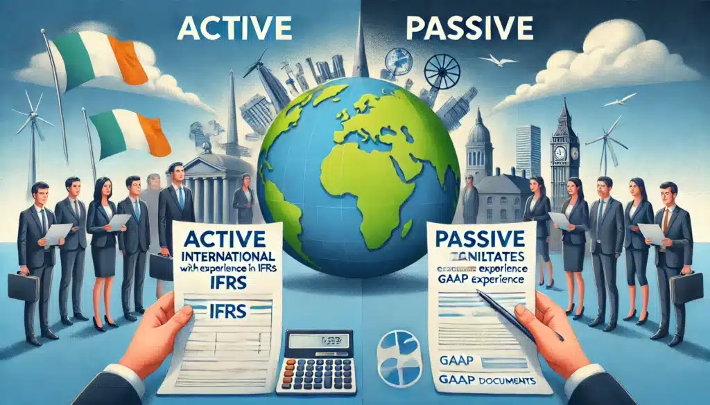 DALL·E 2024 07 19 12.27.15 A split image depicting the active and passive job markets. On one side eager international candidates with experience in IFRS represented with a gl