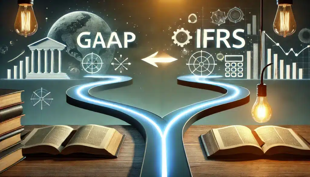 DALL·E 2024 07 19 12.27.37 A conceptual image showing two paths one path representing GAAP with symbols of Irish accounting standards and the other representing IFRS with in