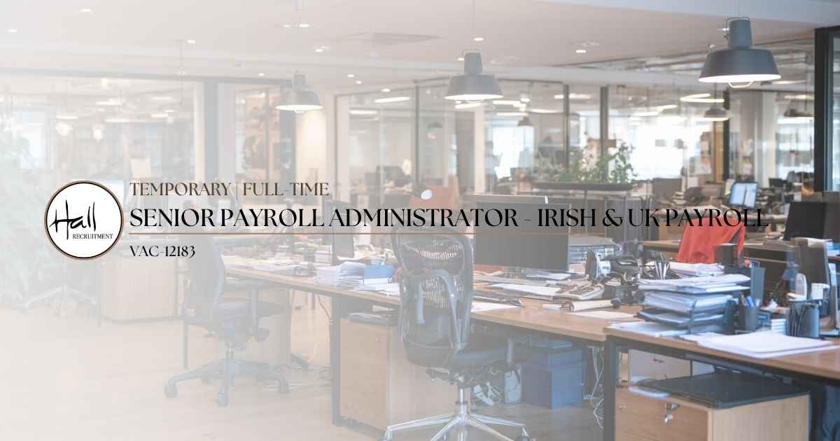 Hall Recruitment is recruiting an experienced Temporary Senior Payroll Administrator to support our client's Finance & Payroll team in Dublin 22 during a period of employee leave. This is initially a 2-month full-time temporary assignment, with the potential to be extended. The successful candidate will receive €22.13 per hour, together with a €2,000 bonus upon successful completion of the full two-month assignment. This isn't a junior payroll position. There are normally two employees within the payroll function. One works part-time and the other is currently on leave. As a result, the successful candidate will be the only full-time member of the payroll team during this period and will take significant responsibility for the day-to-day payroll workload. For that reason, previous hands-on Irish payroll experience is essential. We need someone who can become productive quickly rather than someone requiring training in Irish payroll processes.